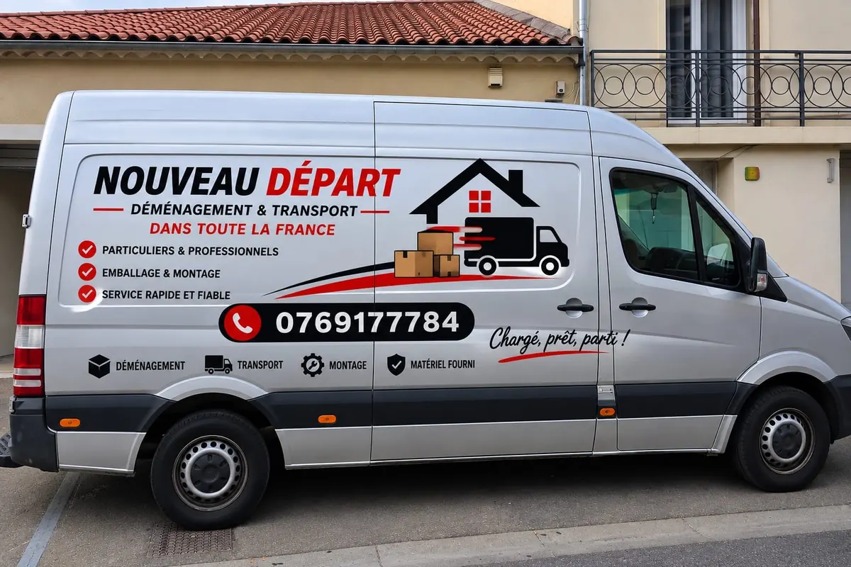 Utilitaire Nouveau Départ floqué « Déménagement & Transport dans toute la France »